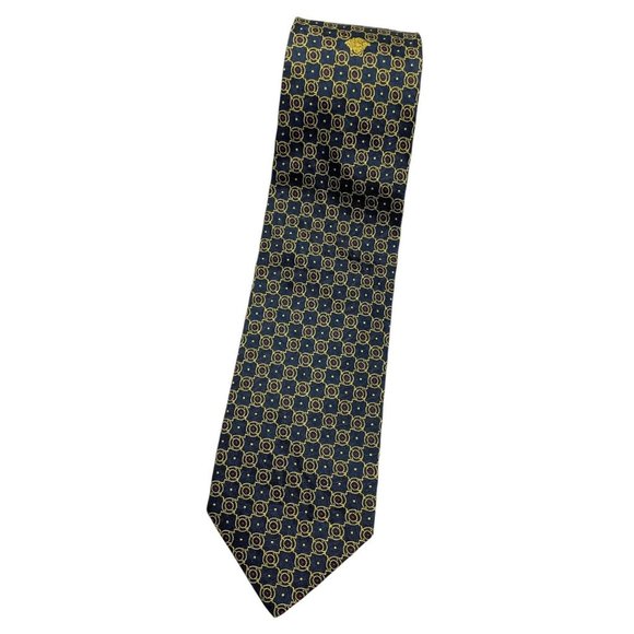 VERSACE Men's 100% Silk Necktie LUXURY Tie Navy Gold Geometric Logo W:3.6" EUC - Picture 1 of 6